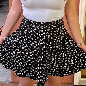Black, Geometric Pattern High Waisted Skater Skirt